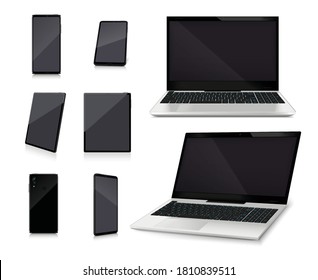 Laptop and smartphone mockups with empty black glossy screens realistic set on white background isolated vector illustration