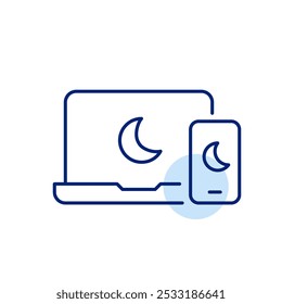 Laptop e smartphone com símbolo da lua. Modo silencioso, esquema de noite escura. Sincronização perfeita entre dispositivos. Ícone de vetor perfeito de pixel