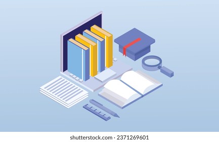 Portátil con smartphone, mortarboard y pila de libros.sobre fondo azul.Diseño 3D.diseño vectorial isométrico Ilustración.