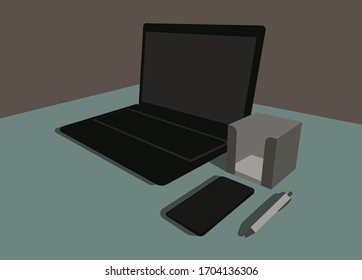 Laptop, smartphone, notepad, pen on the table. The workplace of a business person. Color vector illustration.