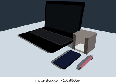 Portátil, smartphone, bloc de notas, bolígrafo sobre la mesa. El lugar de trabajo de una persona de negocios. Ilustración vectorial de color.