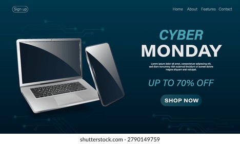 Laptop and smartphone on digital tech style over dark background showing modern electronics concept for online sale event Vector illustration
