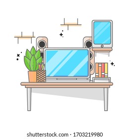 laptop and smartphone on the table with two sound system in back with books pencil case and flower vas flat design