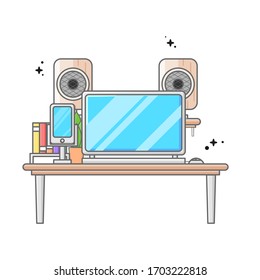 laptop and smartphone on the table with two sound system flower vase and books flat design