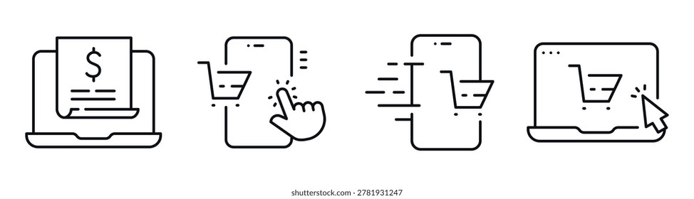 Laptop and smartphone processing online shopping and checkout icons. Editable stroke