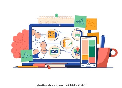 Laptop and Smartphone with Productivity Icons, vector illustration. A laptop and a smartphone display various media and tasks connected by cloud-like shapes