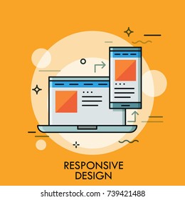 Laptop And Smartphone With Same Application Interface On Screens. Concept Of Responsive Web Design, Scalable Page, Desktop And Mobile App. Modern Vector Illustration For Website, Banner, Poster.