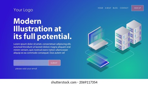 Laptop smartphone and server in isometric illustration