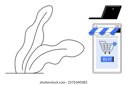 Laptop and smartphone with shopping website on screen. Plant sketch on left. Ideal for e-commerce, online shopping, digital marketing, technology, mobile applications. Simple modern style