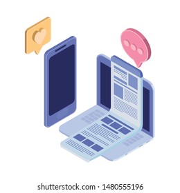 laptop and smartphone with speech bubble on white background