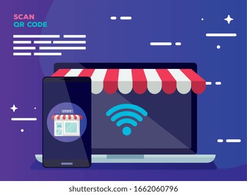 laptop smartphone and store design of Commerce market shop retail buy paying banking and consumerism theme Vector illustration