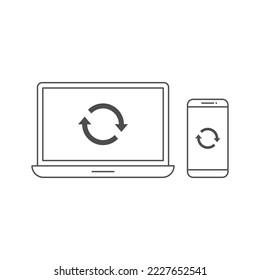 Diseño vectorial de línea de iconos de sincronización de portátiles y smartphones