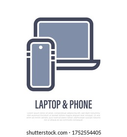 Laptop and smartphone, synchronization of devices. Thin line icon. Vector illustration.