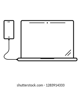 Laptop and smartphone synchronization. Vector flat outline icon illustration isolated on white background.