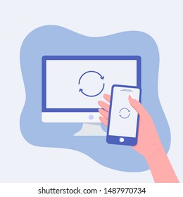 Laptop and smartphone synchronizing concept. Human hand holds smartphone with operation. Trendy flat style. Vector illustration.