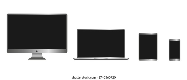 Laptop, smartphone, tablet, computer display. Mockup isolated on a white background. Modern technology illustration.