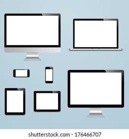 laptop, smartphone, tablet, computer, display on blue background