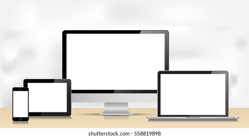 Laptop, Smartphone, Tablet and Desktop Computer.