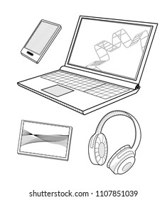 Laptop, smartphone, tablet, and headphones isolated on a white background. Linear style. Modern design.