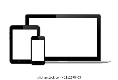 Laptop, smartphone and tablet mockup isolated on a white background