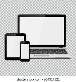 Laptop, smartphone and tablet mockup isolated on transparent background