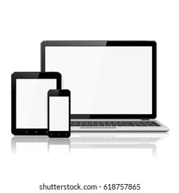 Laptop, smartphone and tablet mockup isolated on a white background