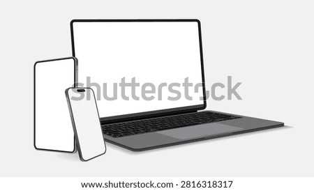 Laptop Smartphone and Tablet Mockup Vector Set with Blank Screen Display for Responsive Website UI App Presentation and Digital Device Showcase