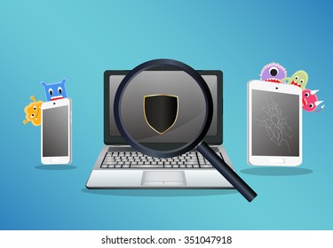 laptop smartphone and tablet scaning for find a virus computer