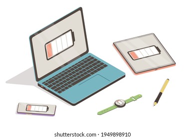 Laptop, smartphone, tablet and smart watch with low battery icon. Isometric set on white background