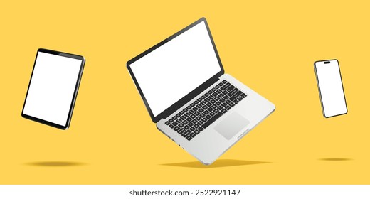 Laptop, smartphone e tablet enquanto levita no ar em um fundo amarelo