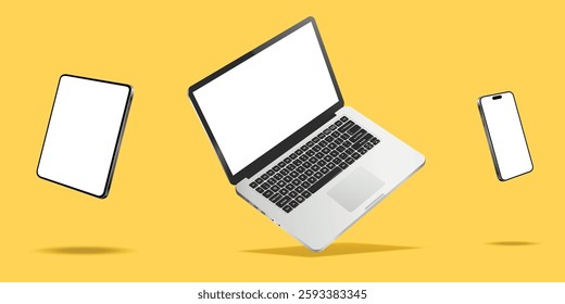 Laptop, smartphone and tablet while levitating in the air on a yellow background