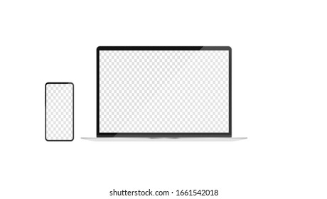 Laptop and smartphone template with transparent screens. Realistic vector illustration of computer and phone to use in mockup and presentations.