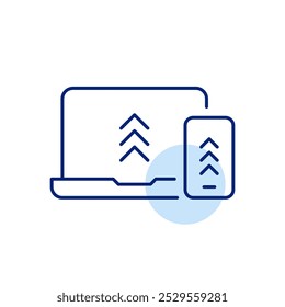 Laptop and smartphone with upload arrows. Cross-platform connectivity. Seamless data transfer. Integration of cloud-based uploads across multiple devices. Pixel perfect vector icon