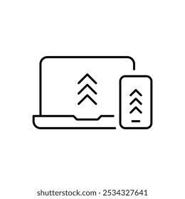 Laptop e smartphone com setas de upload. Conectividade entre plataformas. Transferência de dados contínua. Integração de carregamentos baseados em nuvem em vários dispositivos. Pixel perfeito, ícone de traçado editável