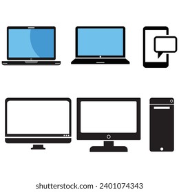 juego de vectores para portátiles y smartphone. diseño gráfico de imágenes prediseñadas digitales aisladas. icono de dispositivo portátil de aplicación plana. teléfono inteligente negro con fondo blanco. 