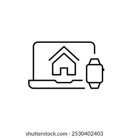 Laptop e smartwatch com um ícone de casa, simbolizando o controle inteligente da casa. Vida conectada, automação residencial entre dispositivos. Pixel perfeito, ícone de traçado editável