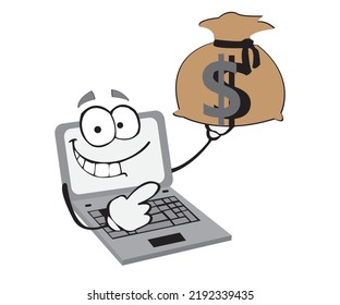 Laptop smiling with friendly face. carry a bag of money. Suitable for brands or financial sector and so on.