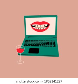 Laptop with smiling mouth on screen. Wine glass standing near the keyboard. Conversation, video call, videoconference, chatting, dating concept. Hand drawn Vector illustration