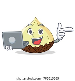 With laptop snake fruit character cartoon