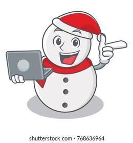 With laptop snowman character cartoon style