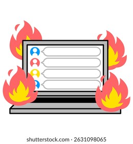 A laptop with SNS on fire