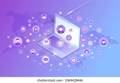 Laptop social network violet poster blog and icons around laptop map of world and profiles of people vector illustration isolated on purple background