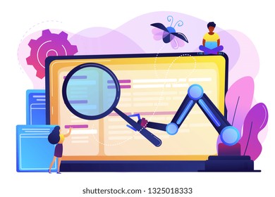 Laptop and software assisting in testing process, tiny people testers. Automated testing, automotive executed test, software auto tester concept. Bright vibrant violet vector isolated illustration