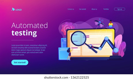 Laptop and software assisting in testing process, tiny people testers. Automated testing, automotive executed test, software auto tester concept. Website vibrant violet landing web page template.