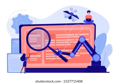 Laptop and software assisting in testing process, tiny people testers. Automated testing, automotive executed test, software auto tester concept. Pinkish coral bluevector isolated illustration