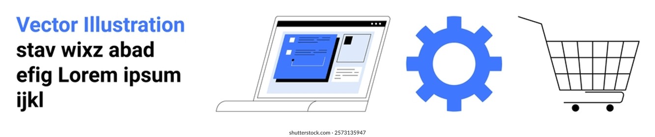 Laptop with software interface, blue gear, and shopping cart on white background. Ideal for online shopping, web development, e-commerce, digital marketing, and tech startups. Banner for landing page