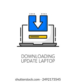 Actualizar de software para portátiles descargando ícono de línea de color. Símbolo de Vector lineal de mantenimiento de Actualizar de aplicaciones de ordenador personal, Mejorar de sistemas de ordenador o App de ordenador. Signo o pictograma de línea de Descarga de software