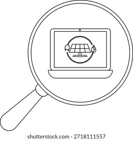 Ordenador portátil con el icono del panel solar bajo la lupa en blanco y negro