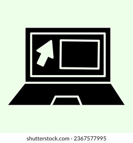 Laptop solid icon. Office Notebook with mouse cursor and website on monitor glyph style pictogram on white background. Business laptop device for mobile concept and web design. Vector graphics