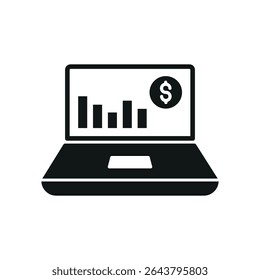 Notebook em silhueta sólida com tela de finanças forma um ícone de negócios arrojado e compacto.